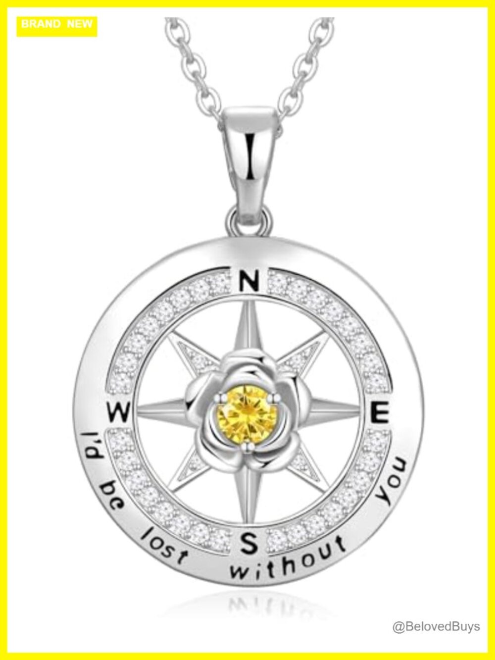 Sterling Silver Compass Pendant Necklace 18K White Gold Plated Birthstone Gift